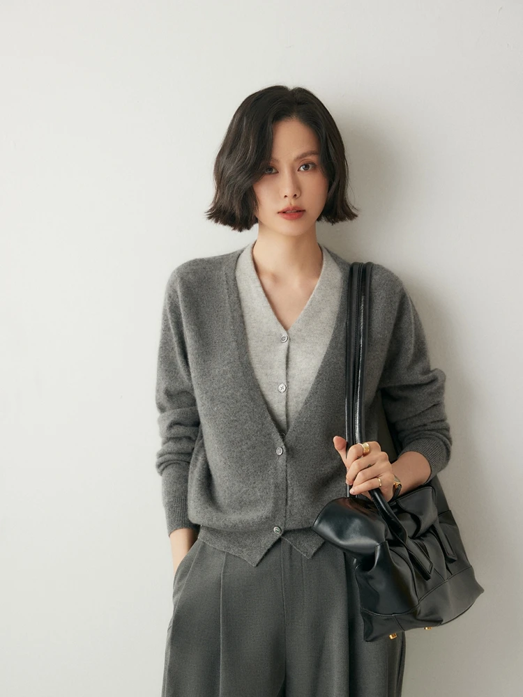 New Chic Women V-neck Cardigan 100% Cashmere Sweater Simple Style Luxury Office Lady Autumn Winter Cashmere Knitted Clothing