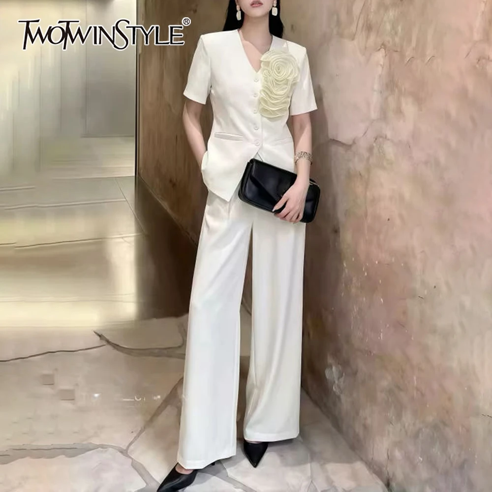 

TWOTWINSTYLE Slimming Two Piece Sets for Women V Neck Short Sleeves Spliced 3D Flower Top High Waist Wide Leg Pant Set Female
