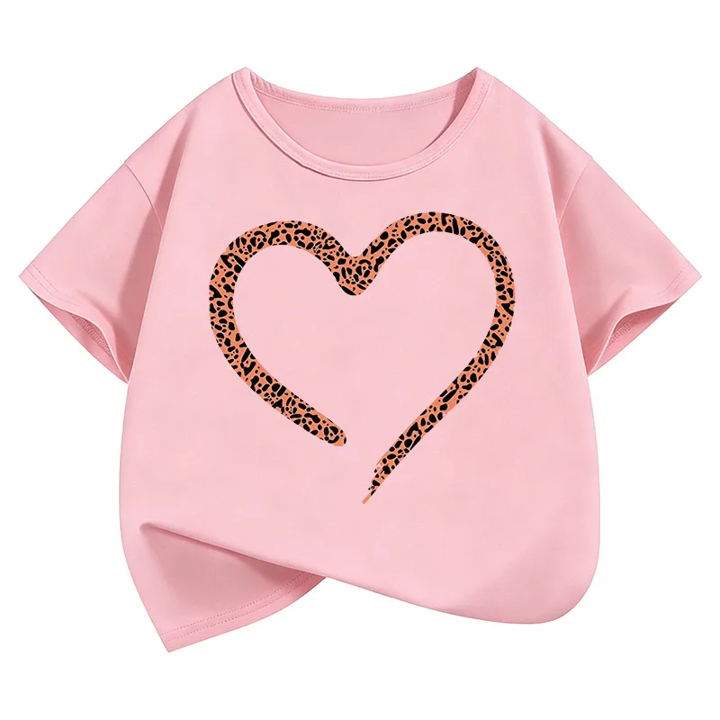 Love Heart Leopard Print Fashion T Shirts Y2k Kids Children's T-shirt Boys Girls Summer Spring Casual Top Tee Shirt