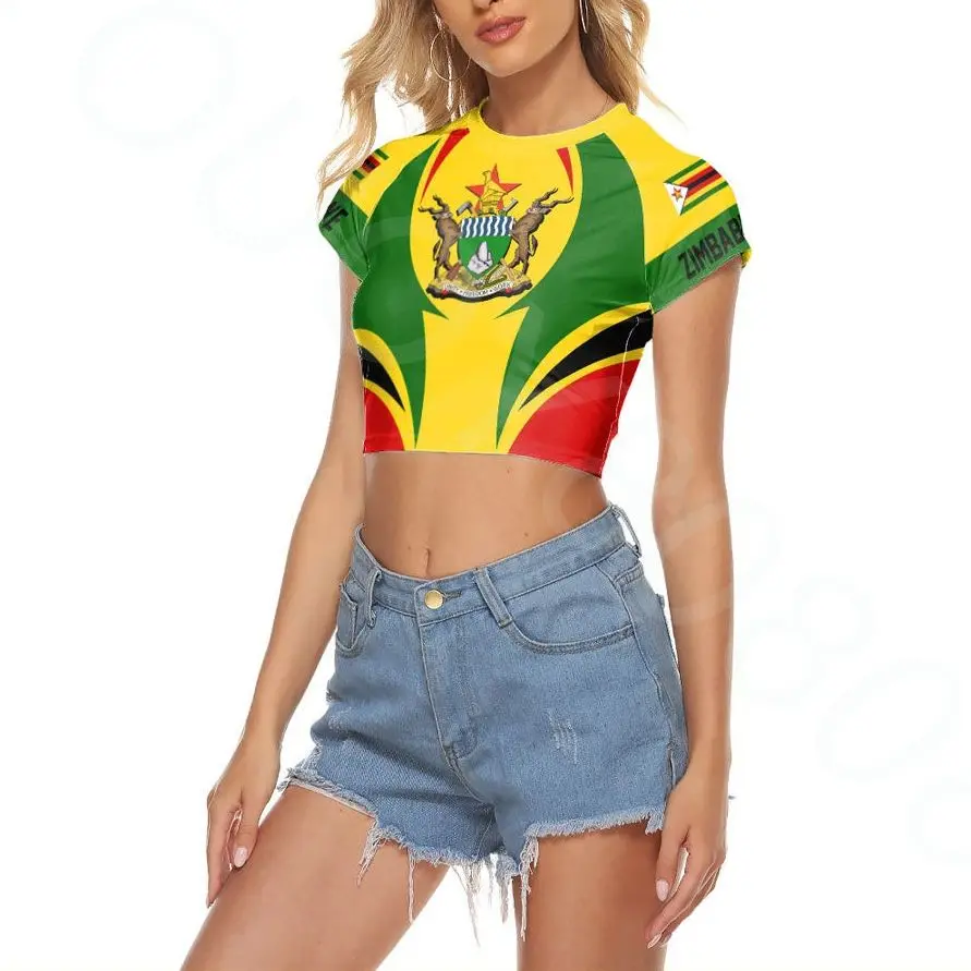 New Summer Africazone Clothing - Zimbabwe Action Flag Round Neck Cropped T-Shirt Print Women Raglan Cropped T-Shirt