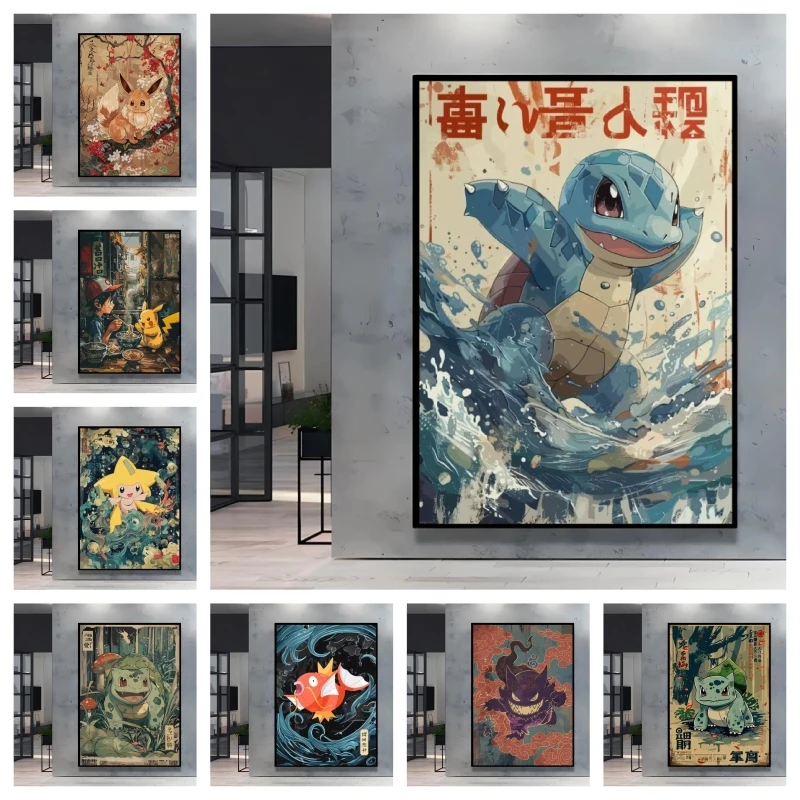 pintura-em-tela-decorativa-poster-de-pokemon-pikachu-e-squirtle-decoracao-para-quarto-infantil-impressao-de-imagem-para-decoracao-de-parede