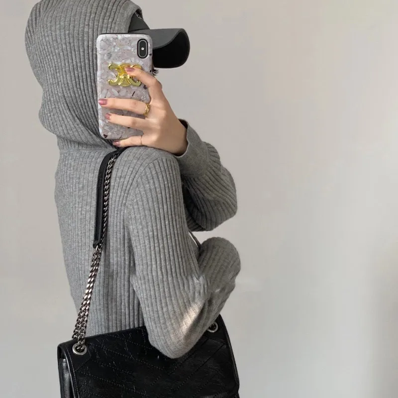 Western style 2022 spring and autumn grey hooded cardigan wool hoodie feminine base loose knit sweater jacket sweater