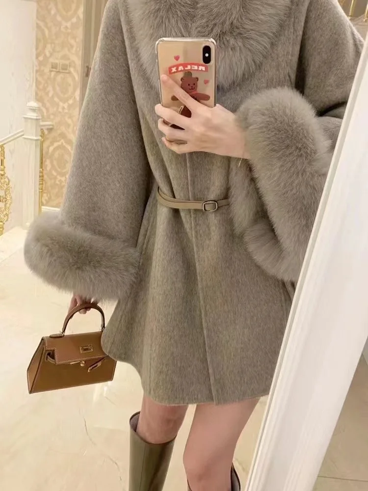 3 Colors Women Fox Fur Collar Batwing Sleeves Loose Long Ribbon Coat Winter Warm New Fashion Cloak 80% Woolen Poncho Streetwear