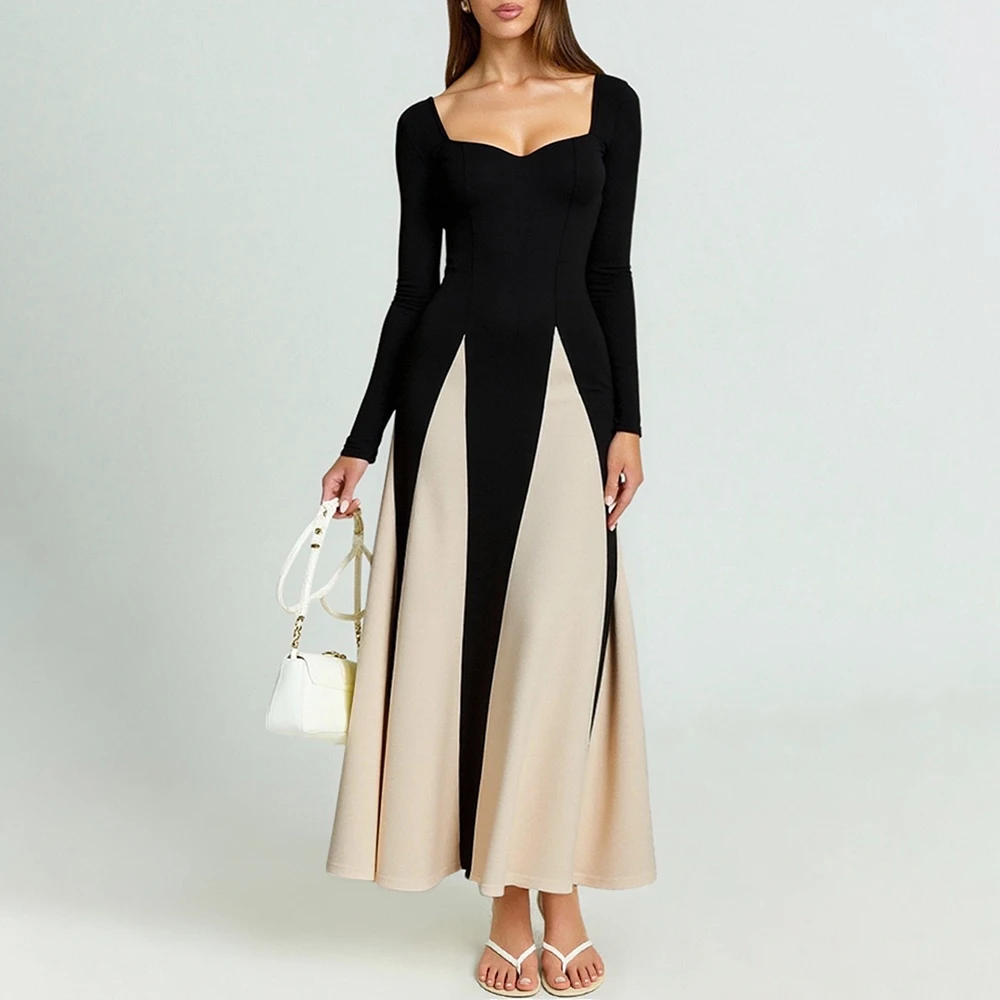 

Mia Muse Summer Long Dresses 2025 Skinny Fit Chic Patchwork Long Sleeve Sweetheart Neck Midi Shift Daily Dresses For Women