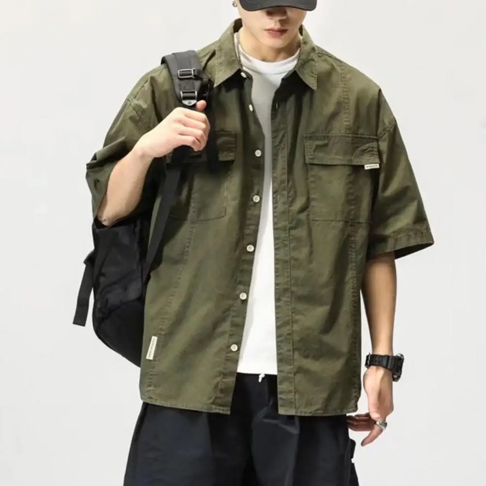 Heren Shirt Vintage Tooling Stijl Cargo Shirt Turn-Down Kraag Korte Mouwen Hip-Hop Losse Heren Shirt Jas Casual Shirts Cardigan