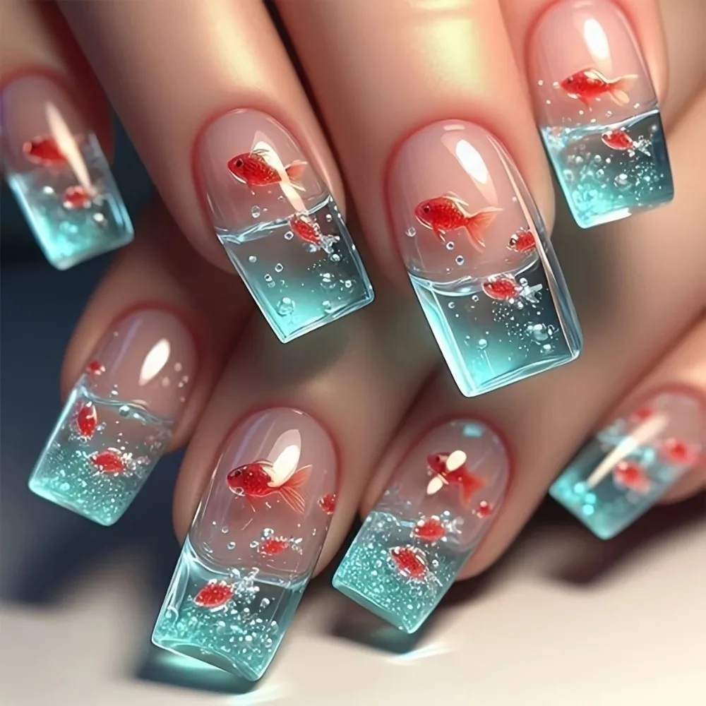 

24pcs/set Portable Transparent Nail Art Mold Square Exquisite Fake Nails Fish Comfortable Artificial Nails Nail Decorations