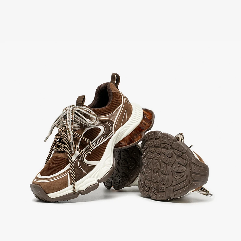 Women's Chunky Sneakers - Suede Leather, Round Toe, Double Laces