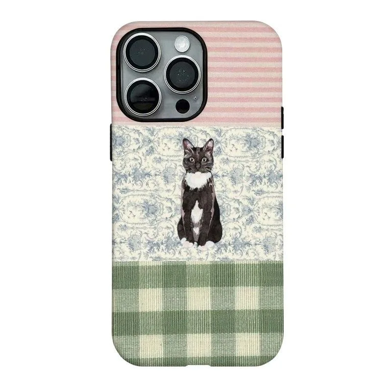Vintage Patchwork Tuxedo Cat Print Glossy Casual Style Phone Case for iPhone 17 16 15 14 13 12 11 Pro Max Plus Back Cover