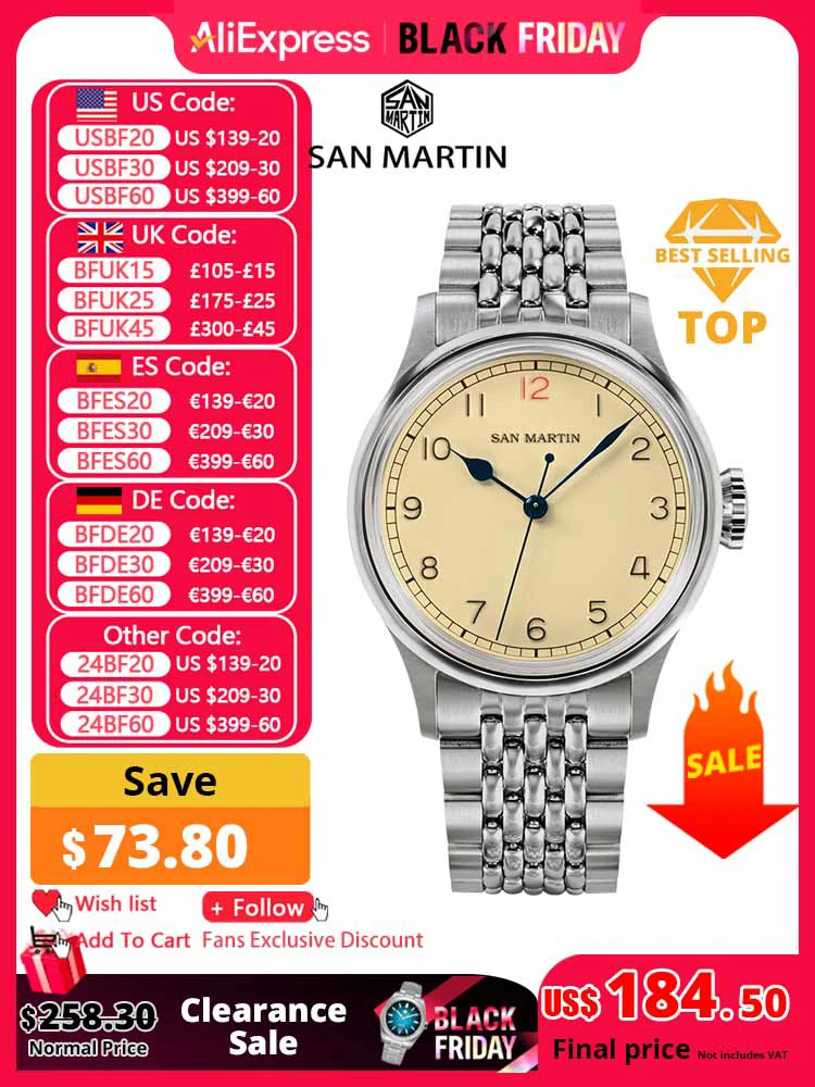 San Martin 38.5mm Vintage Pilot Watch NH35 Simple Military Style Men Automatic Mechanical Wristwatch Retro C3 Luminous 10Bar