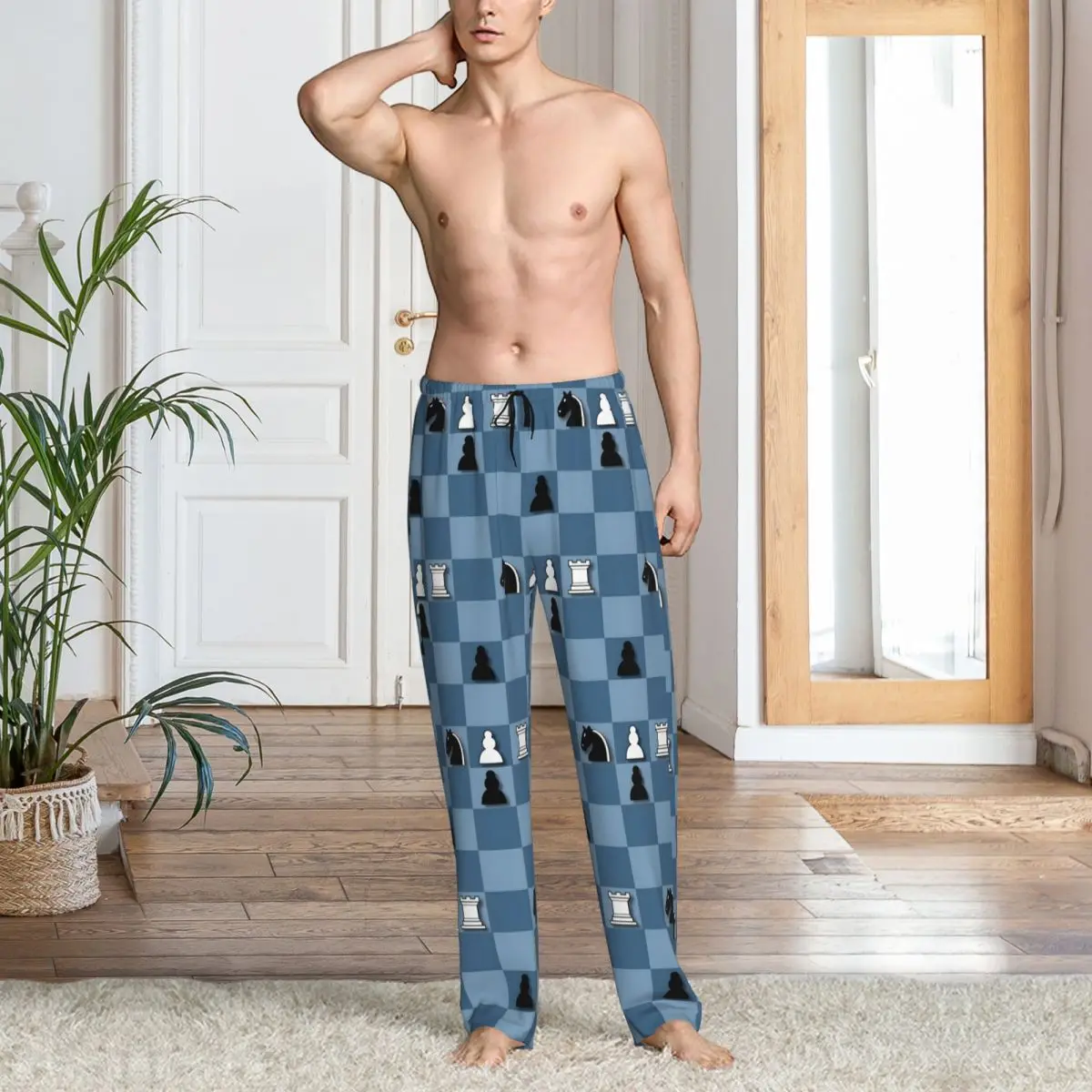 Pantalon de pyjama personnalisé pour hommes, vêtements de nuit, ceinture élastique, jeu d'échecs, bas de salon de sommeil avec poches
