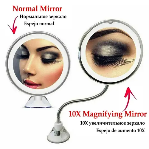 Imagen 2 del producto Espejo de maquillaje Flexible con cuello de cisne con luz LED, espejo de aumento de 10X, ventosa, luz difusa brillante y giro de 360 grados