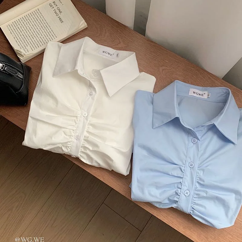 เสื้อเชิ้ตจีบแบบไม่สมมาตร ดีไซน์หรูหรา ทันสมัย โดดเด่นไม่ซ้ำใคร แขนยาว