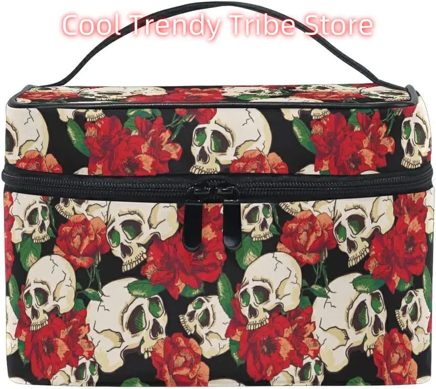 

Skull Goth Makeup Bag, Gothic Skull and Flower Travel Makeup Organizer Bags Toiletry Bag Box Travel Cosmetic Bag Make Up Train C