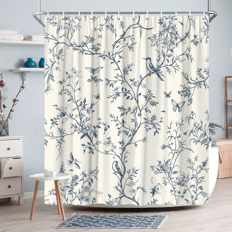 1pc Vintage Botanical Shower Curtain,, Hook-Style, Featuring an Exquisite Blue Branch and Bird Design, Multiple Sizes Available,