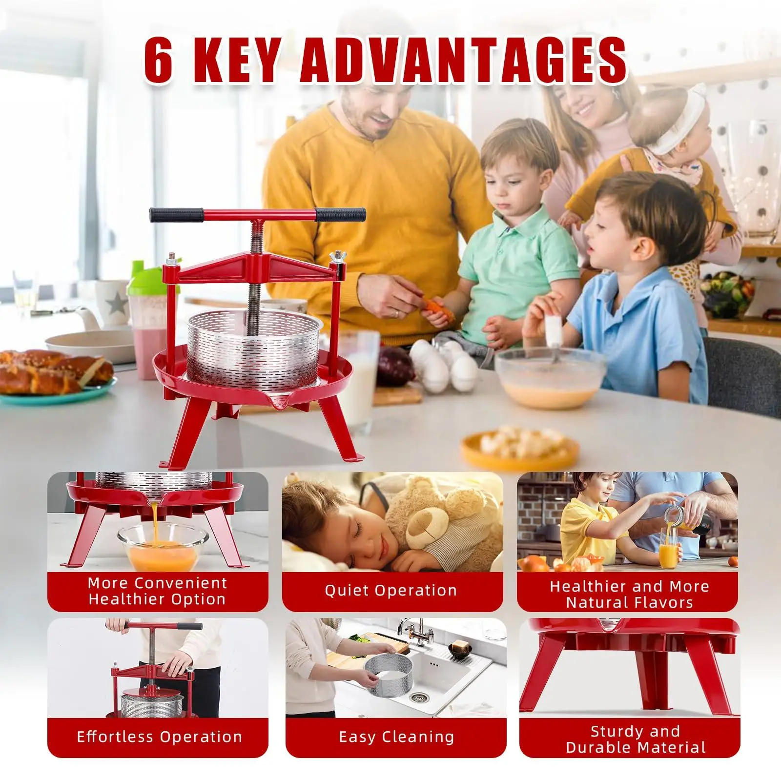 Heavy-Duty Stainless Steel Fruit & Wine Press  Manual Juicer with T-Handle & Cross-Beam  Food Quality  Easy Clean  for Home Brewing  Fruit  Grape  Lemon  Fruit Juice Extraction