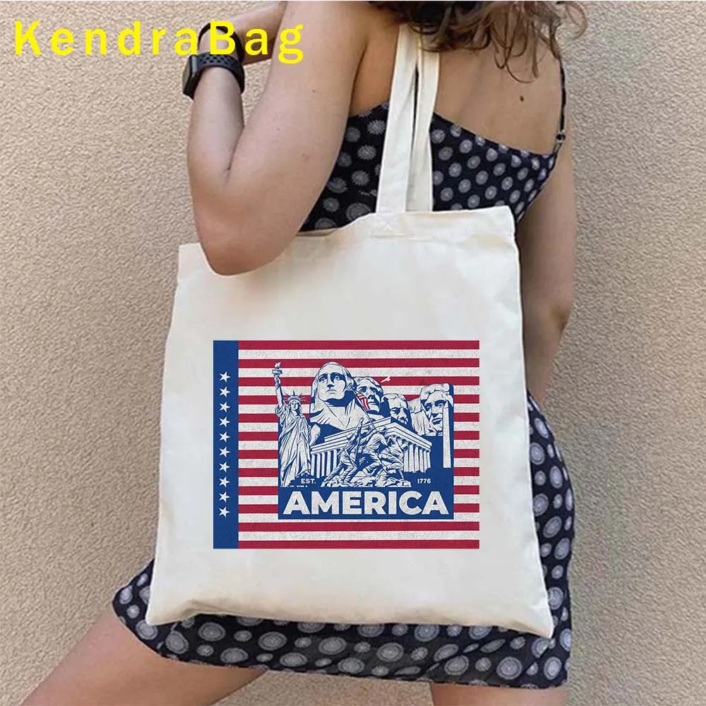 UNITED STATES OF AMERICA Eagle USA Flag Woman Patriotic Girls Shopper Harajuku Canvas Totes Bag Cotton Foldable Shopping Handbag