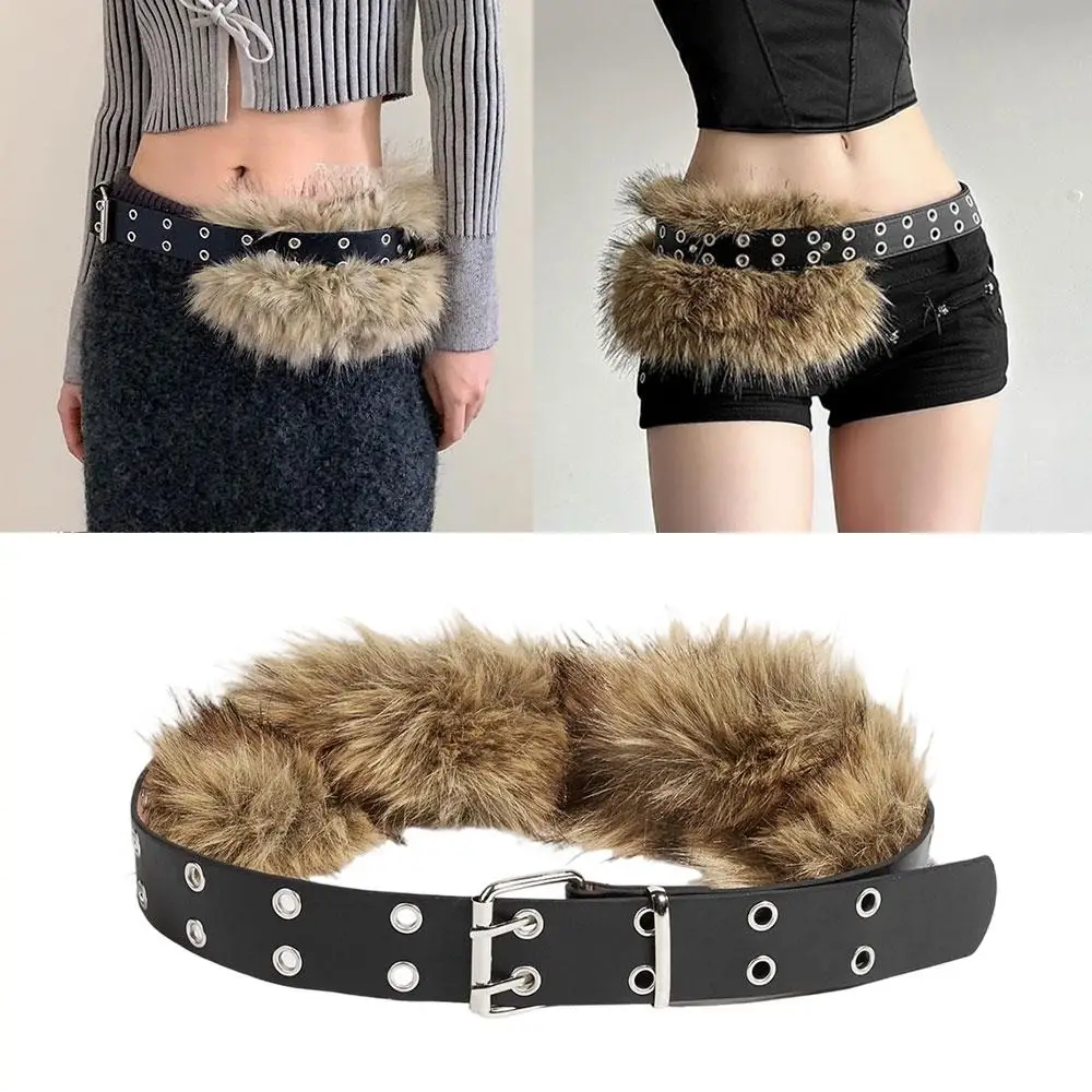 

Metal Plush Waist Chain PU Studded Fur Belt Faux Fur PU Leather Waist Belt Adjustable Patchwork Belt Y2K Furry Fur Waistband