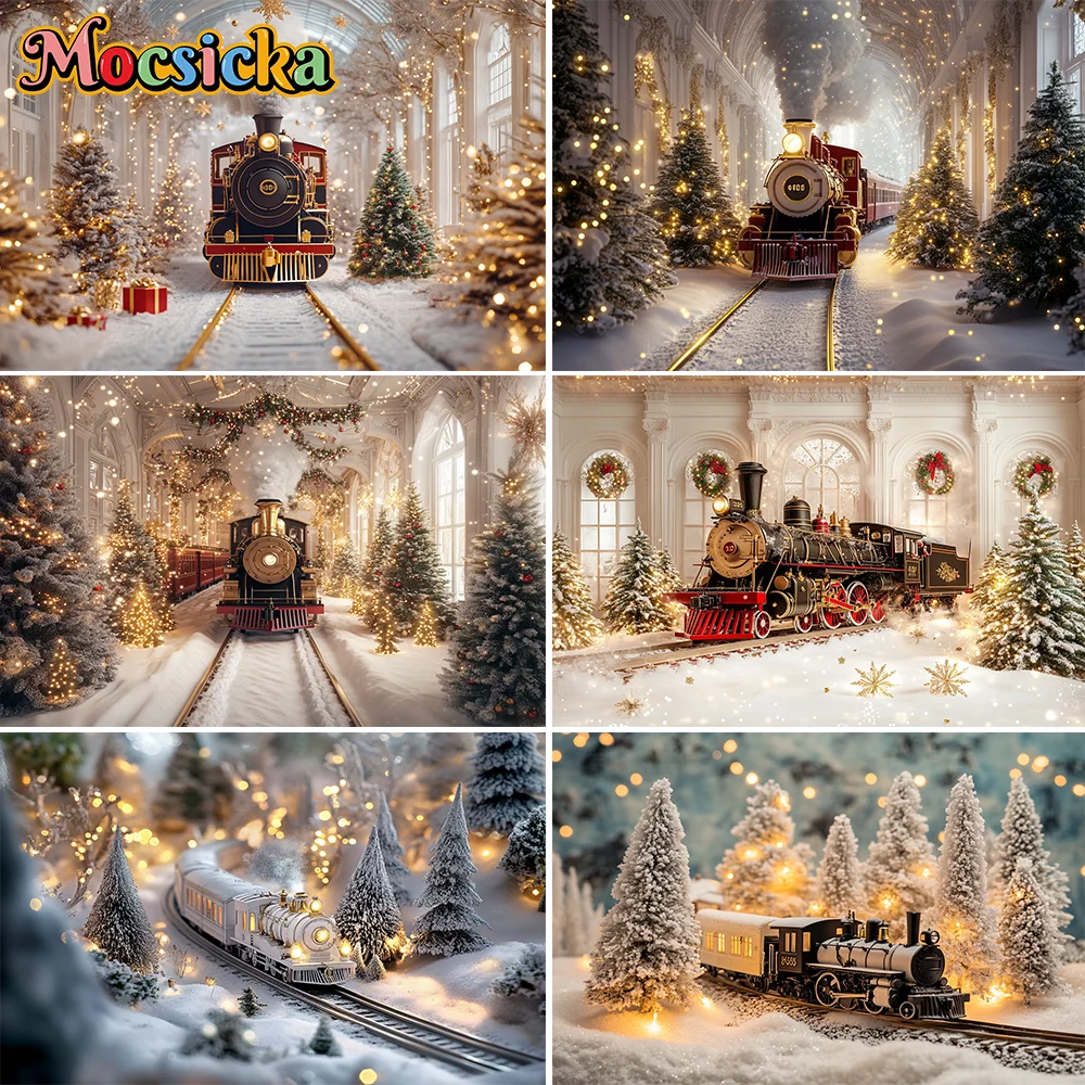 

Photography Background Winter Christmas Polar Express Train Xmas Tree Kids Family Portrait Decor Backdrop Photo Studio