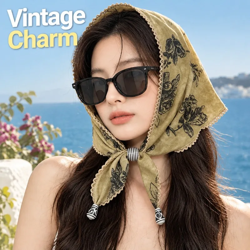 Vintage Beaded Triangle Scarf Ethnic Breathable Head Wrap Shawl for Women Summer Vacation Daily Outfit Neck Decoration Photo
