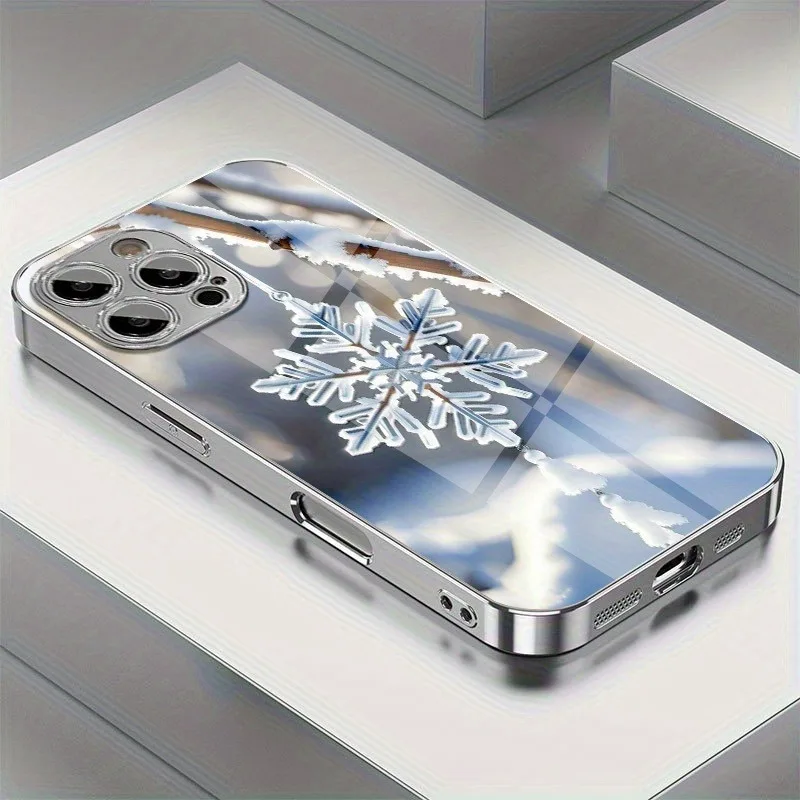 

Snowflake Print Pattern Tempered Glass Electroplated Phone Case For iPhone 17 Air 17 16 15 14 13 12 11 Pro Max 15 Plus 16E Cover