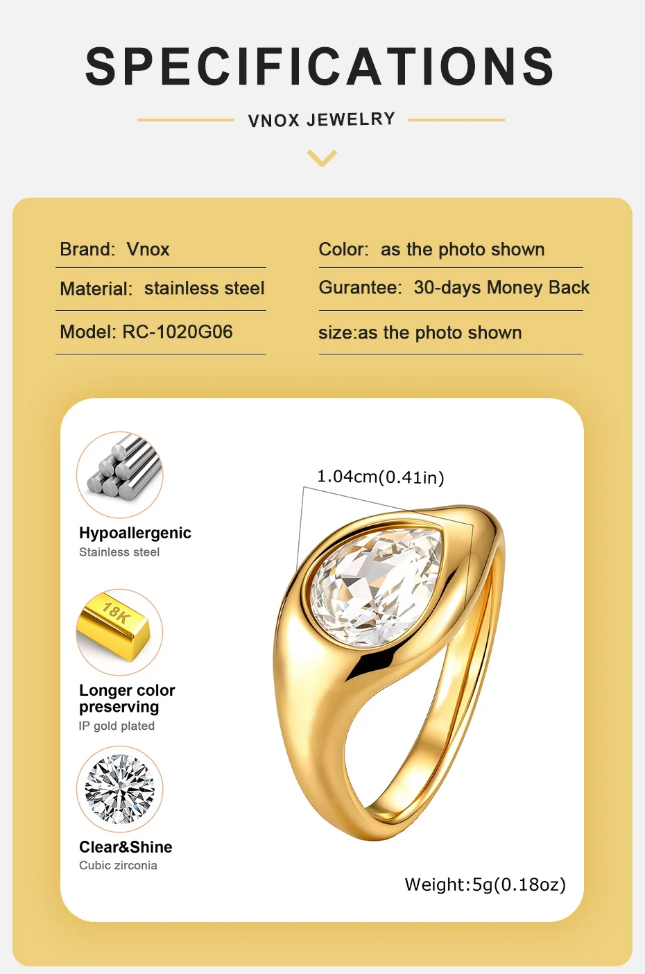 Vnox Eleganter Wassertropfen-CZ-Ring für Damen, Edelstahl, vergoldet, AAA-glänzender Zirkonia-Statement-Ring, Alltagsschmuck – Detail 4