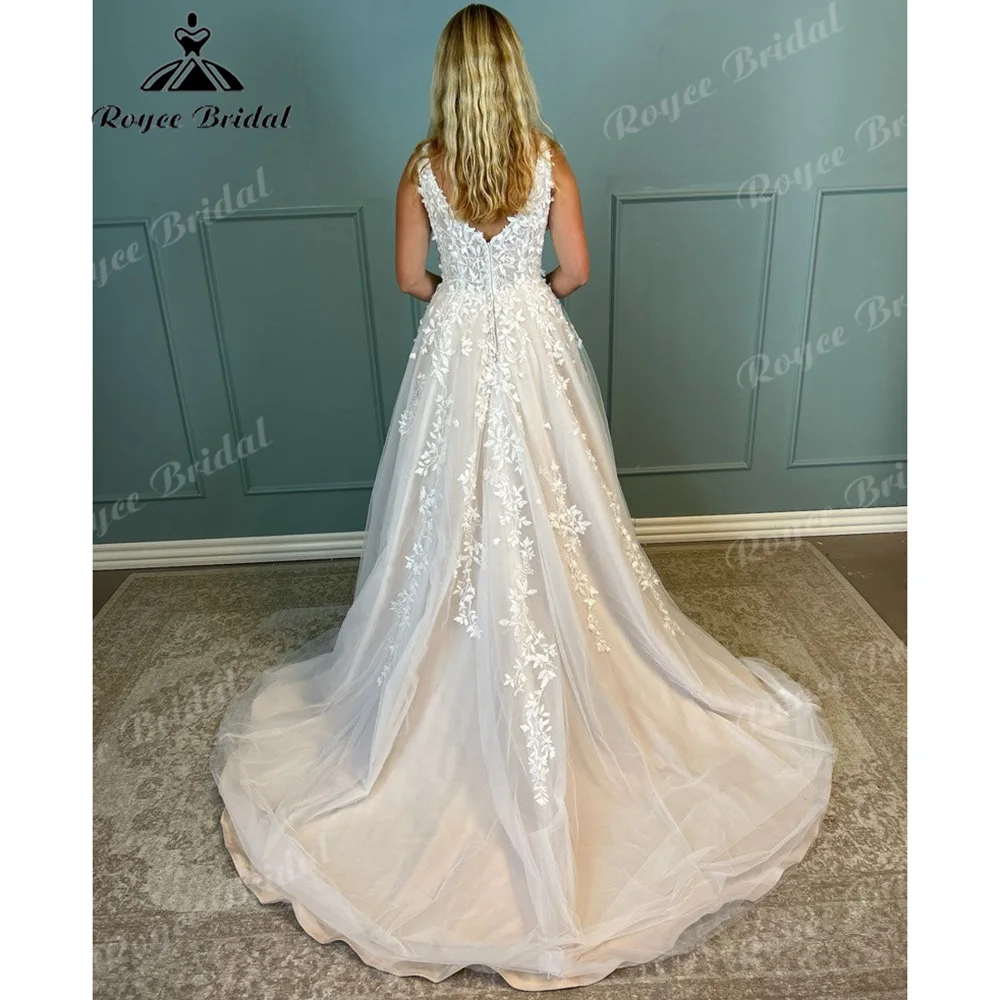 2027 V Neck Sleeveless A‑Line Wedding Dress 3D Leaf Lace Tulle Champagne Nude Lining Plus Size Vestido De Novia Customized