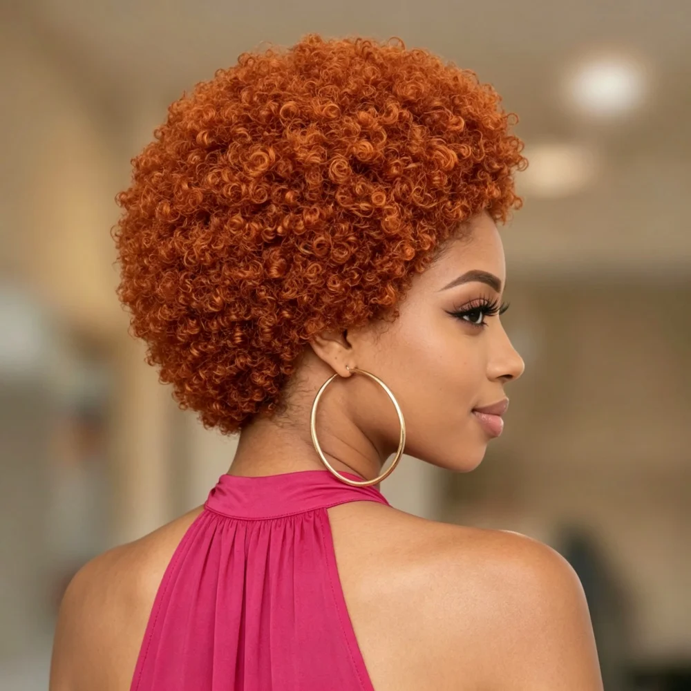 Full Machine Made Afro Kinky Curly Human Hair Wig, Short Orange Afro Curly Wig for Women