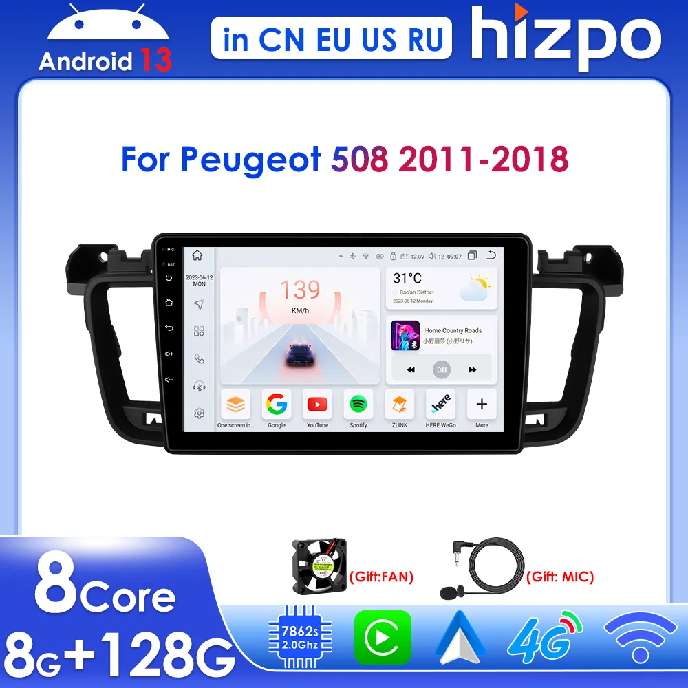 

Hizpo 9" Wireless Carplay Android Autoradio for Peugeot 508 2011 - 2018 Multimedia Player Car Radio GPS RDS BT Navi DSP 4G 2 Din
