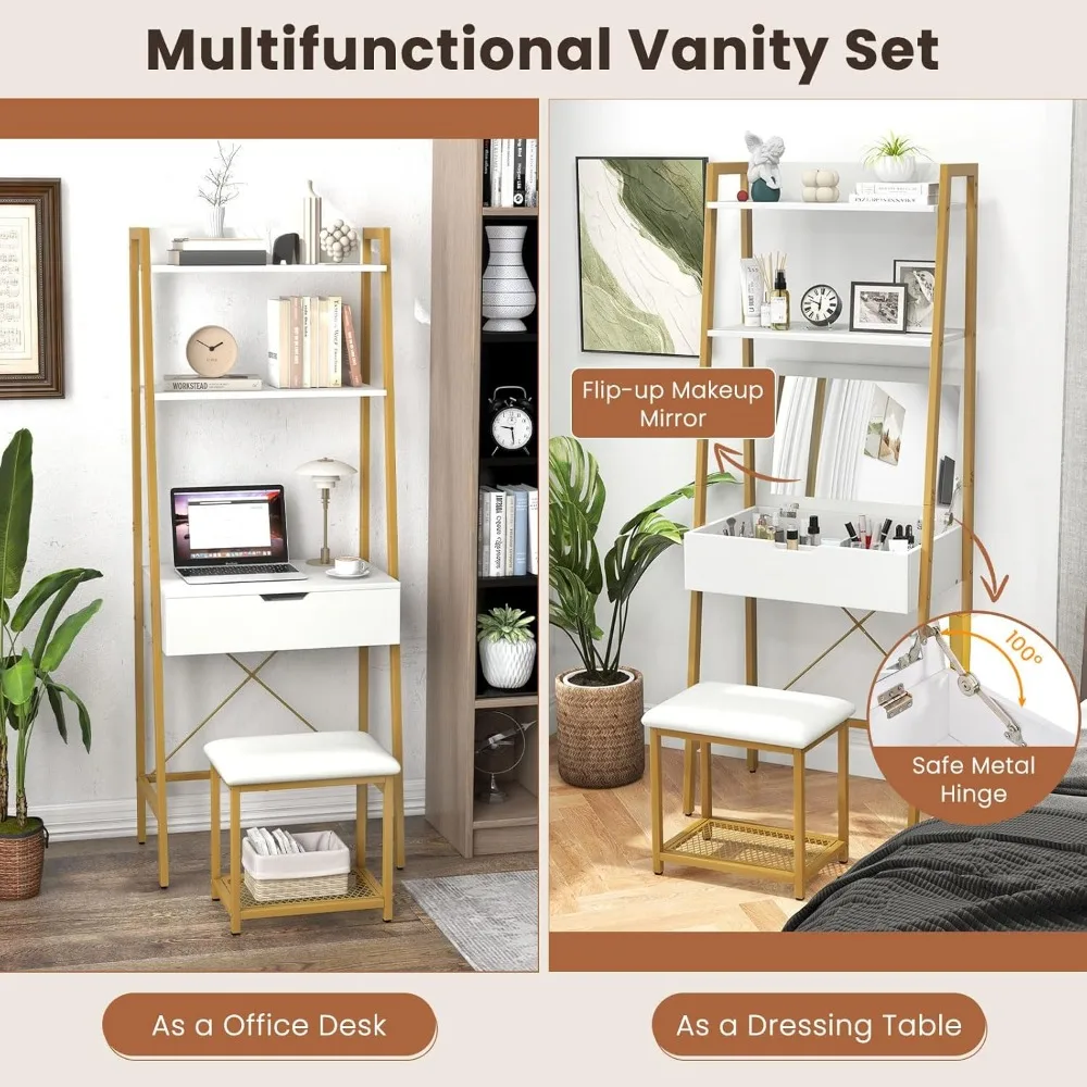 Vanity Desk Set with Flip-up Mirror, Ladder Vanity Table and Cushioned Stool Set w/ 4 Storage Compartments