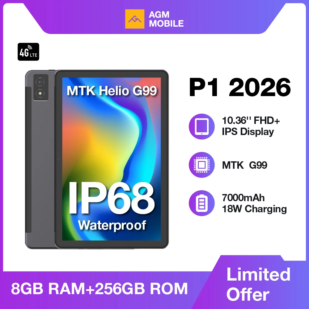 AGM PAD P1 2026年版 – 10.36インチ FHD+ 防水Androidタブレット、8GB+