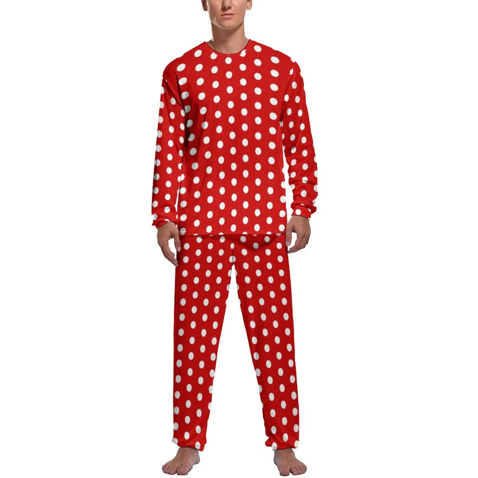 

Vintage Polka Dots Pajamas Men Red and White Cute Home Suit Winter Long Sleeve 2 Piece Sleep Design Pajama Sets