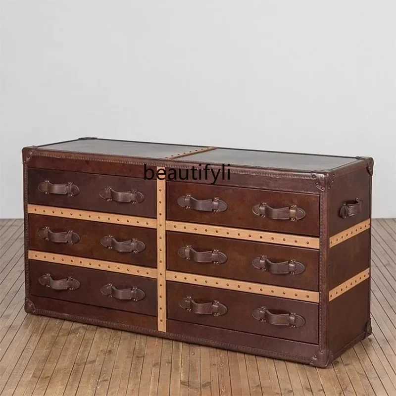 

yj9 French medieval leather box bucket cabinet American retro oil wax leather bucket cabinet storage cigar bar room storage cabi