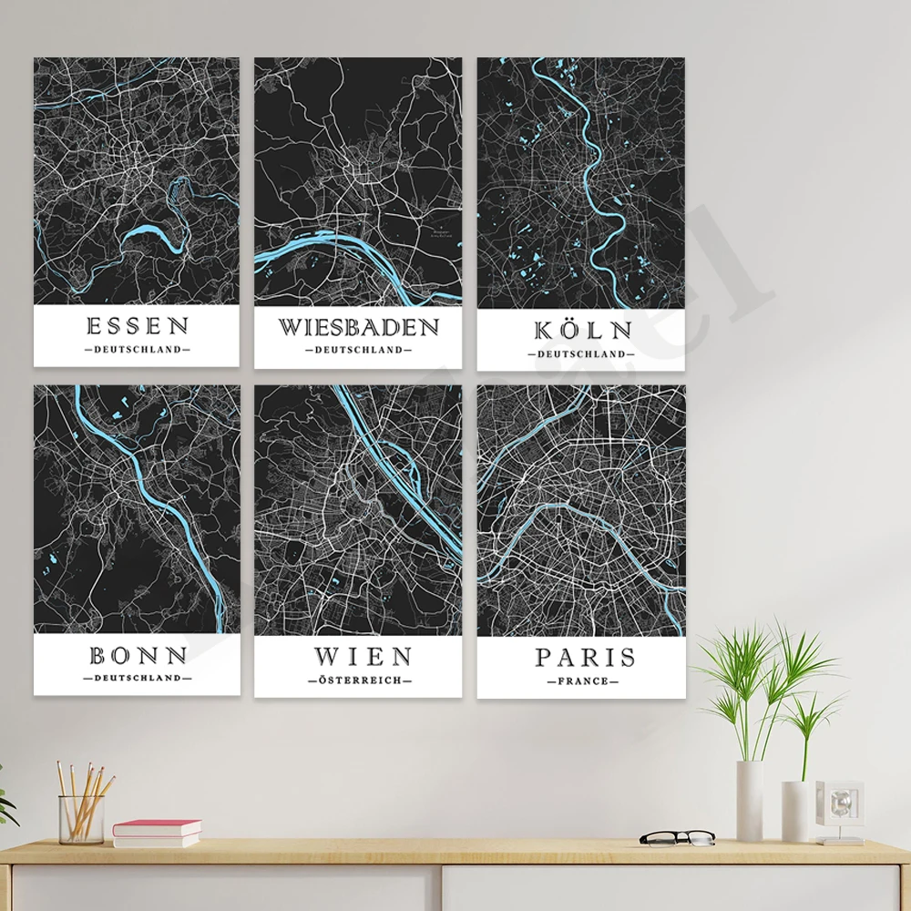مونيستر باريس فيينا بون نورمبرج كولونيا كارلسروهي هانوفر أوغسبورغ ويسبادين إيسن. خريطة المدينة. ملصق فني لتزيين جدران المنزل