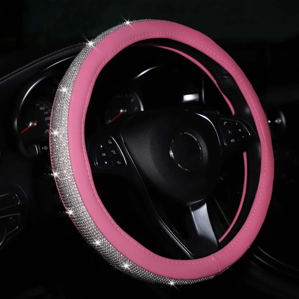 Damen PU-Leder Autoinnenraum-Lenkradbezug mit Funkelnden Netz-Strasssteinen für 14,5-15 Zoll Auto-Zubehör – Detail 2