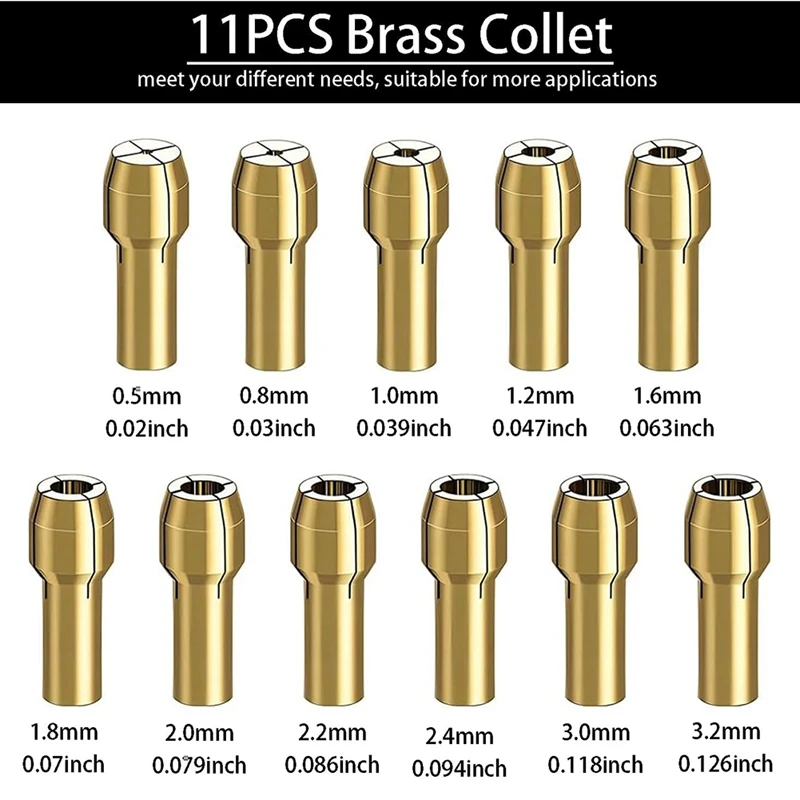 16Pcs Drill Chuck Collet Set, 1/32 To 1/8Inch Drill Chuck Collet Set With 11Pcs Brass Collet, 3Pcs Chuck, 2Pcs Wrench