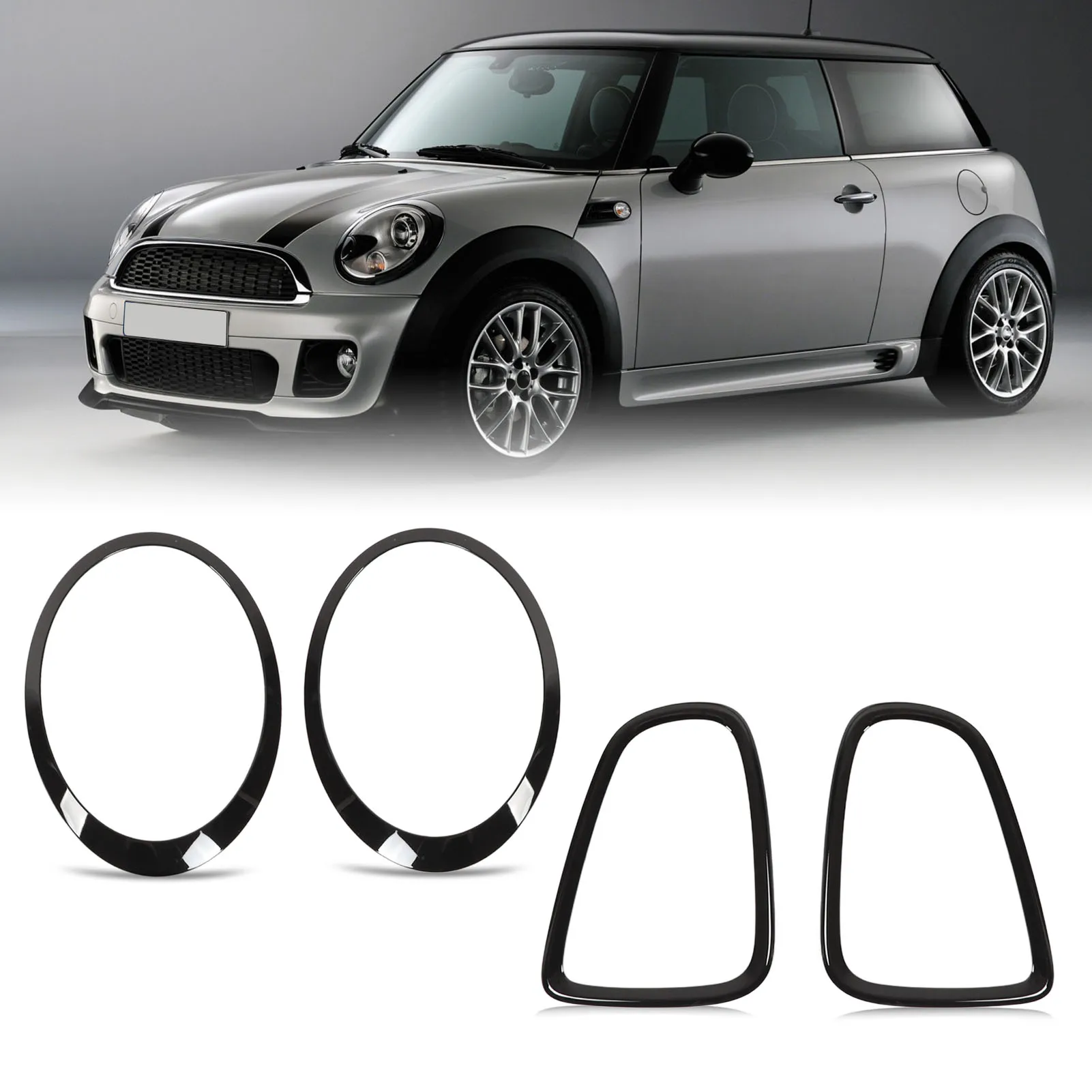 4pcs Gloss Black Headlight Taillight Surround Cover Trims Replacement for Mini R56 R57 R58 R59 Cooper S JCW 2007‑2015