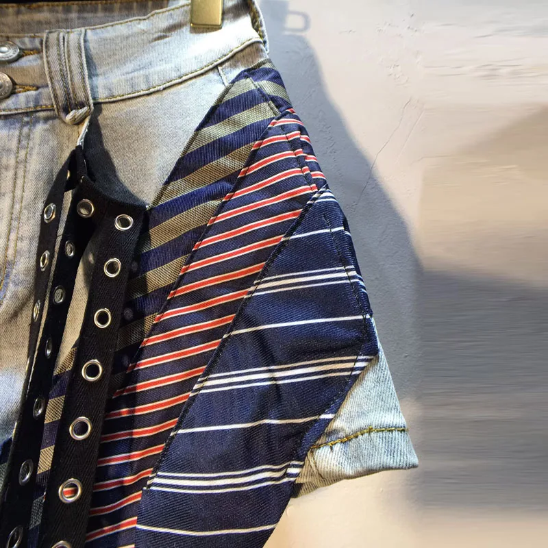 유럽풍 패션 반바지, 2025 여름 신상 스플라이싱 컬러 프린지 스트리머 하이웨이스트 얇은 탄성 데님 반바지 여성용, 핫팬츠