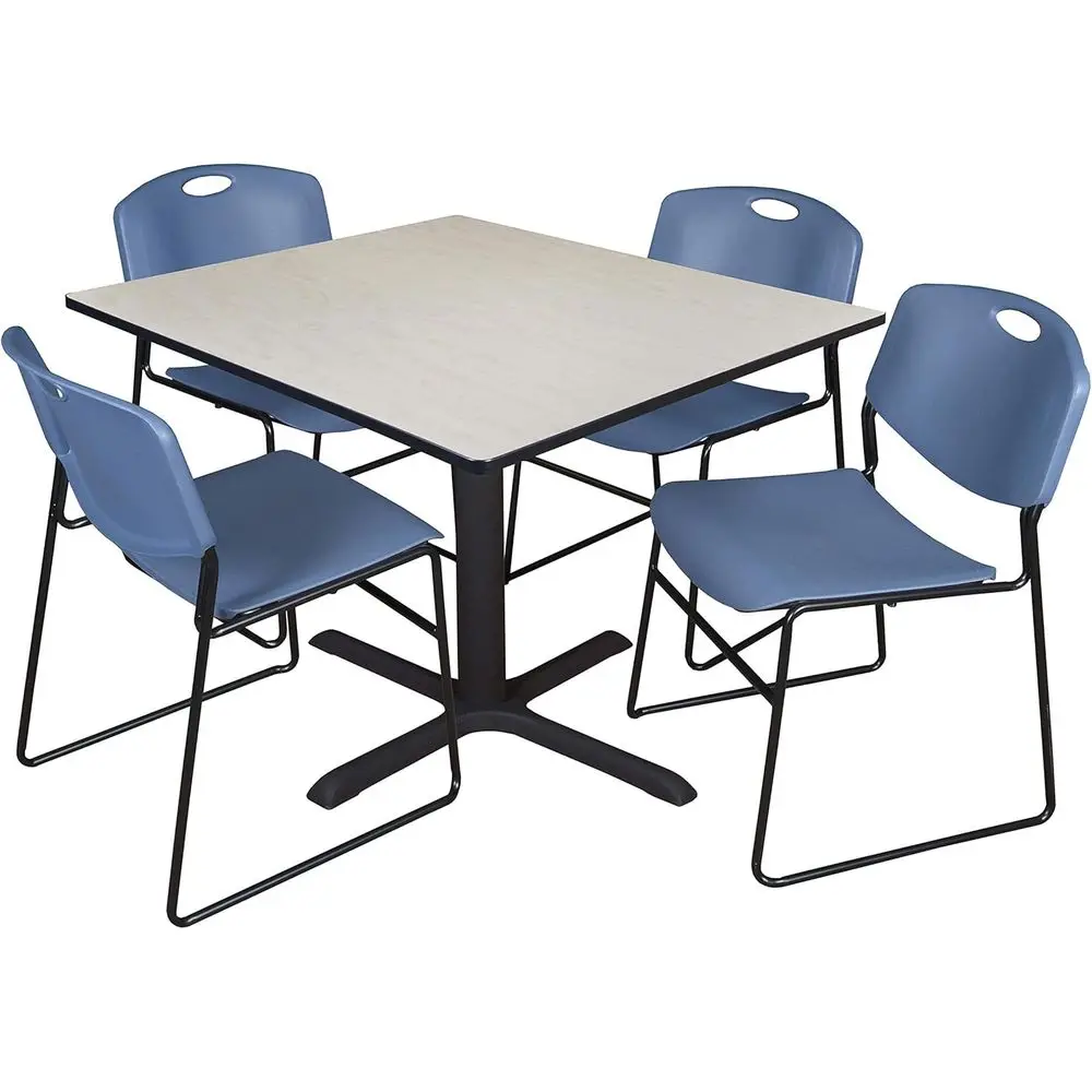 48 Square Maple Breakroom Table with 4 Blue Stackable Chairs