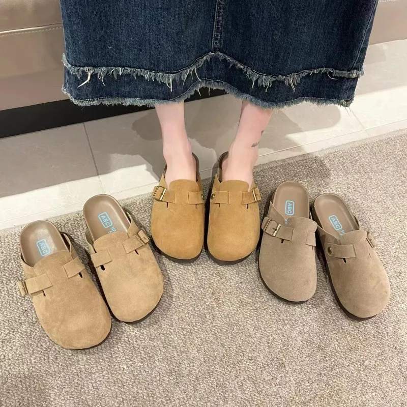 Women Baotou Half Slippers Spring and Autumn Fashionable Cowhide Retro Casual Thick Soled Ugly Cute  Birkenstock Slippers Shoes