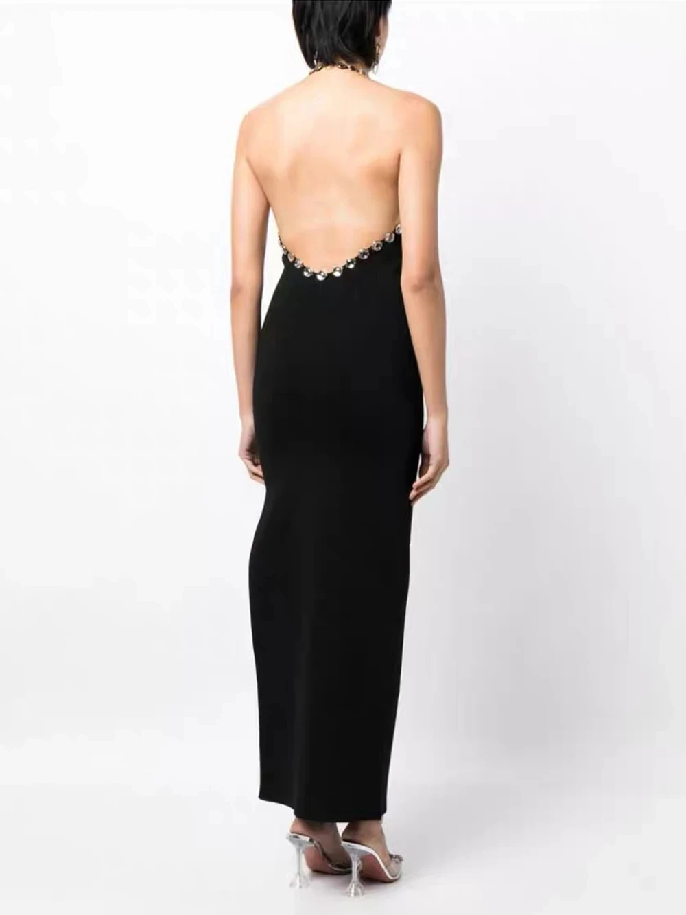 Women Celebrity Sexy Backless Halter Black Beading Maxi Long Bodycon Bandage Dress 2023 Elegant Evening Club Party Dress