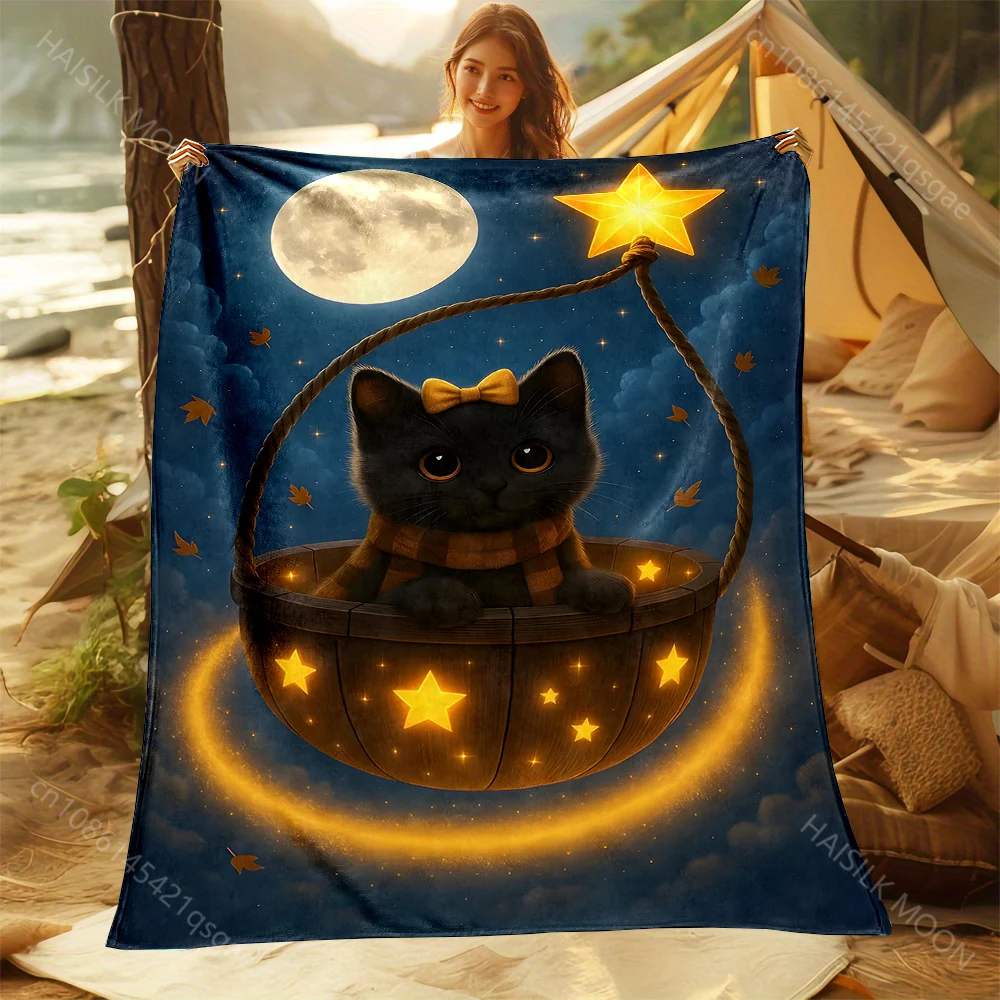 Black cat in basket, starry sky Print Adult Children Warm Blankets Home Travel Car Soft Comfortable Suitable for all seasons