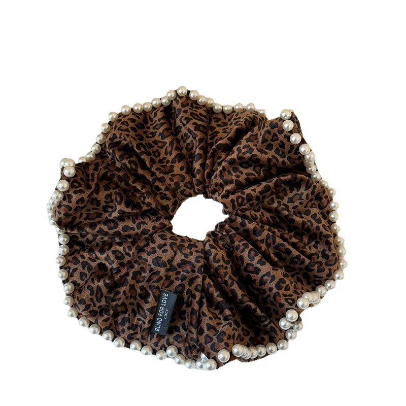 Korean High-end Leopard Print Large Intestine Scrunchie Female Pearl Lace Light Luxury Ponytail Head Rope