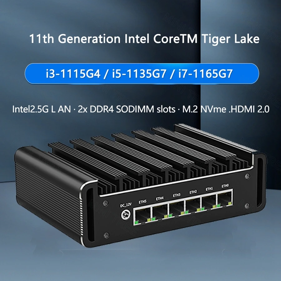 Mini PC industriale incorporato di 11a generazione Core i7-1185G7 I3-1115G4 16G 512G 6x2.5G LAN Mini firewall senza ventola Router morbido Ubuntu Win10