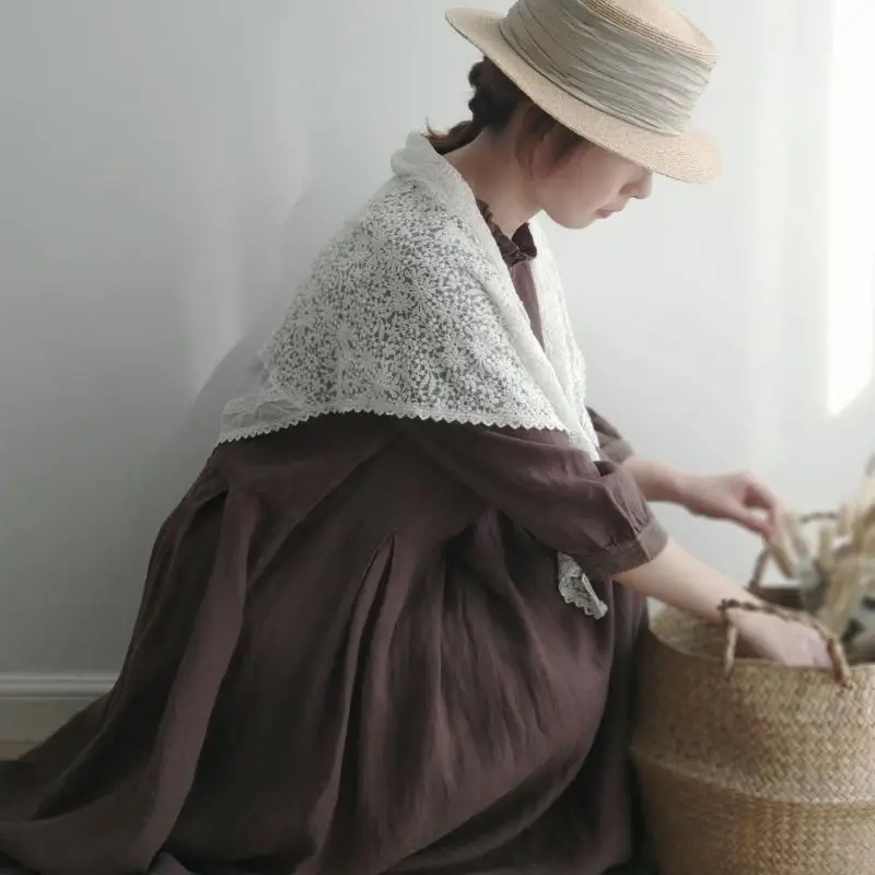 

Waing Linen Dr Lace Trim Seven Sve Long Skirt Sweet Sle Loose Waist Princ Sve Maxi Dr Spring Summer