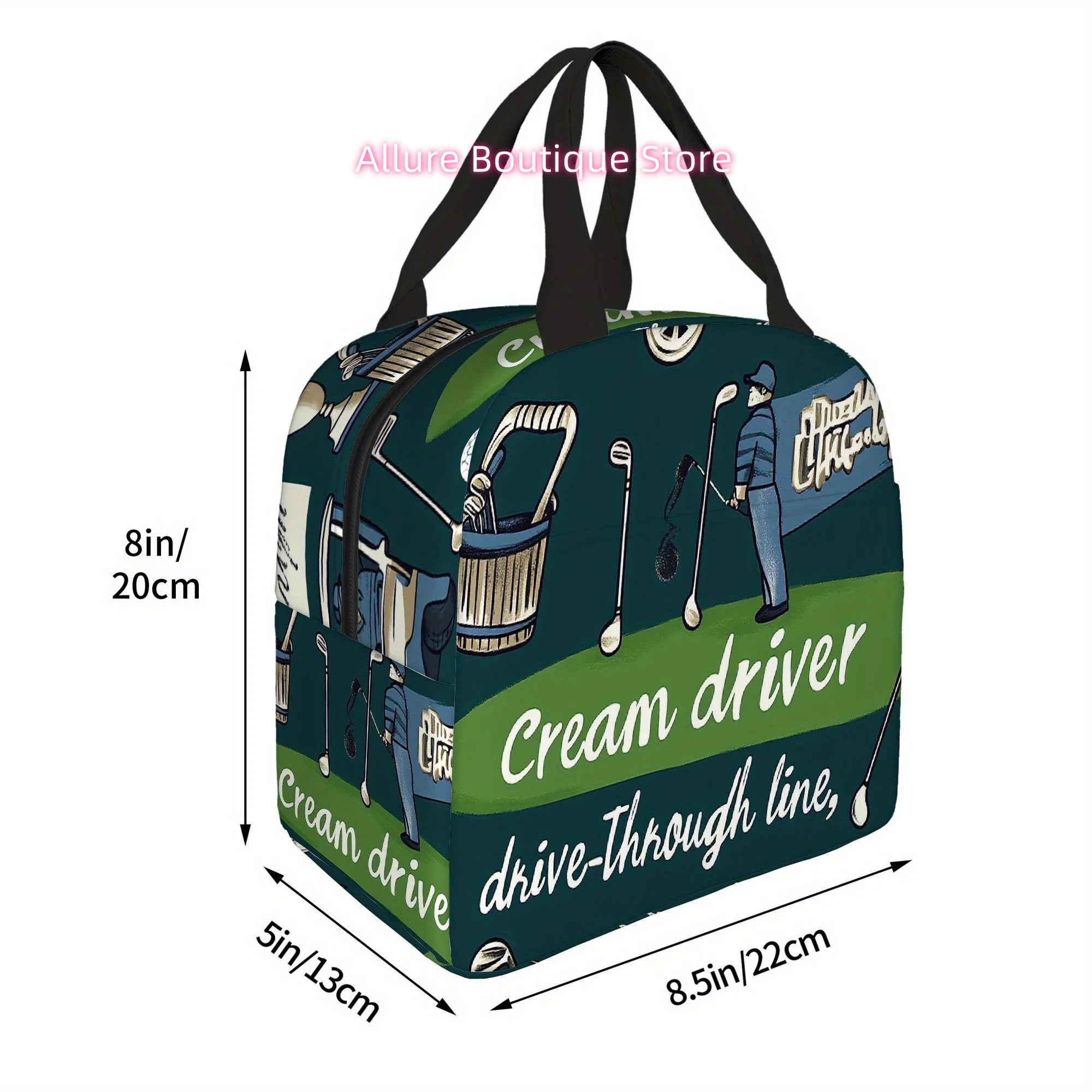 A Single Piece Featuring a Golf-Themed Design That Includes Carts, Clubs, And Balls. It Is a Printed Thermal Bag That Is Insulat