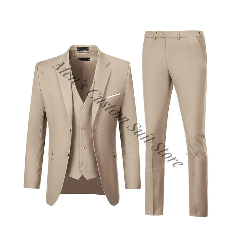 

Khaki Men Suits 3 Pieces Set Slim Fit Wedding Groomsmen Prom Suit Tuxedo Business Formal Casual Groom Suit Jacket Blazer Pants