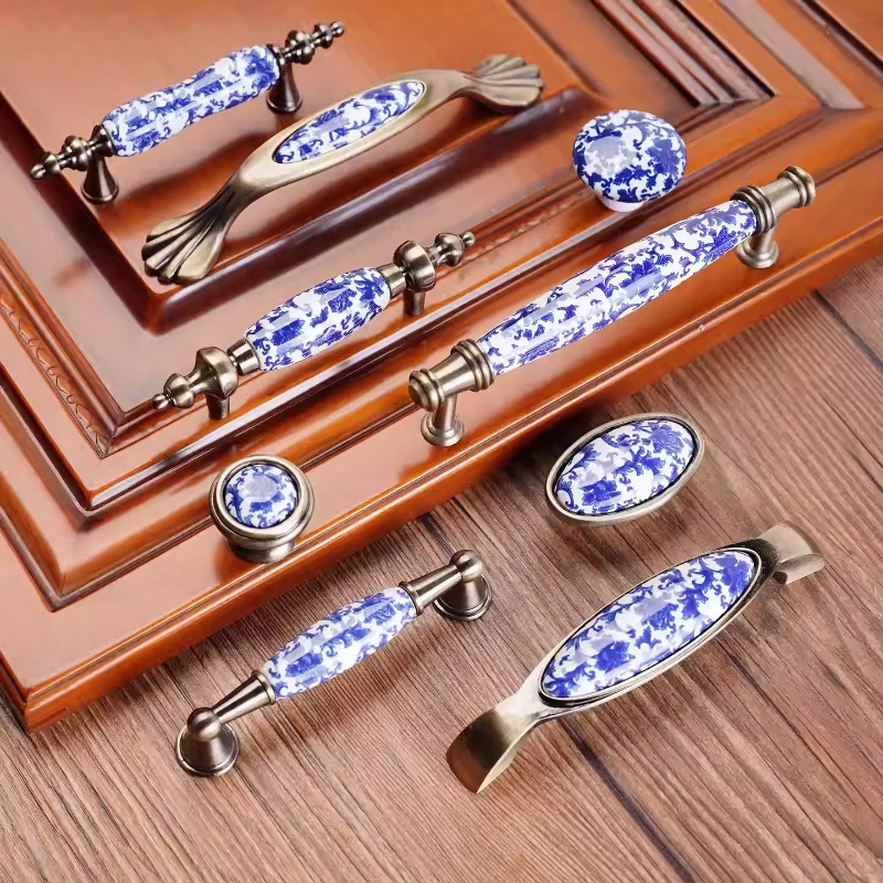 

Blue-and-white porcelain ceramic handle Solid-wood cabinet/wardrobe pull shoe-cabinet drawer single-hole knobs furniture handle