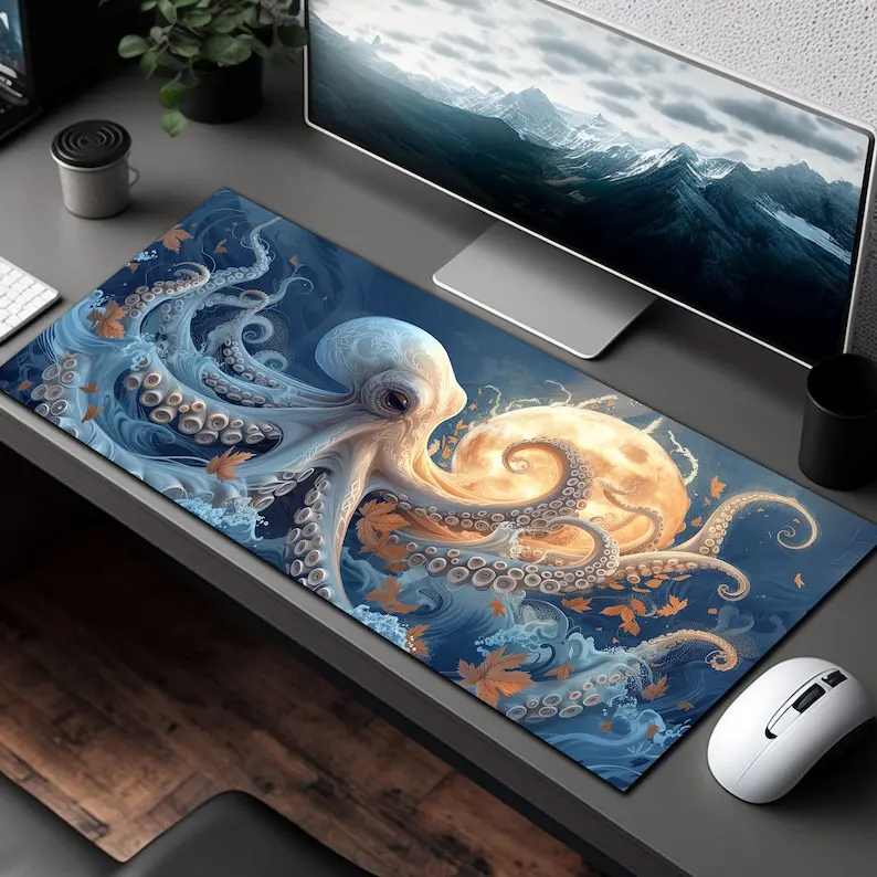 Octopus Desk Mat Octopi Moon Mousepad Mouse Pad Gaming Mouse Pad Office Desktop Accessories Desk Gadget Deco Gaming Setup Gamer