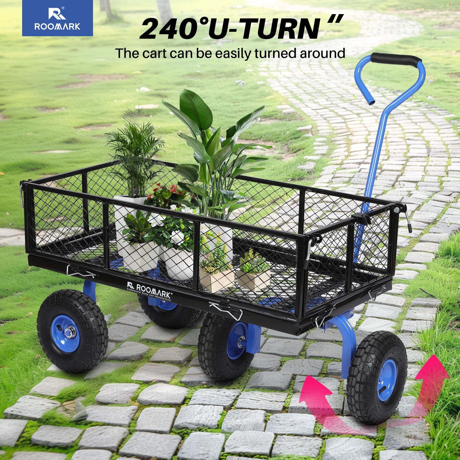 Roomark Garden Cart, Heavy Duty Utility Wagon 900lbs Load w/ Removable Mesh Sides&180° Swivel Handle 10