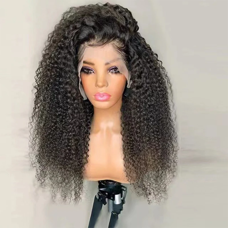 Perruque Lace Front Wig sans colle noire naturelle, 26 pouces, pre-plucked, bouclée et crépue, avec baby hair, densité 180, pour femmes noires